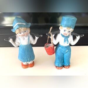 Antique Japan Large Bisque Dolls FiguresMilkmaid Girl & Boy  Rare Red Pail 20's
